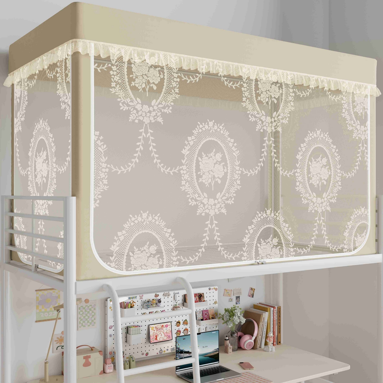 91家纺网 家纺一手货源 找家纺 都市缘蚊帐 2025新款公主风蚊帐学生宿舍一体式床帘全罩式强遮光布上下铺80 90cm 606-香槟-薇尔