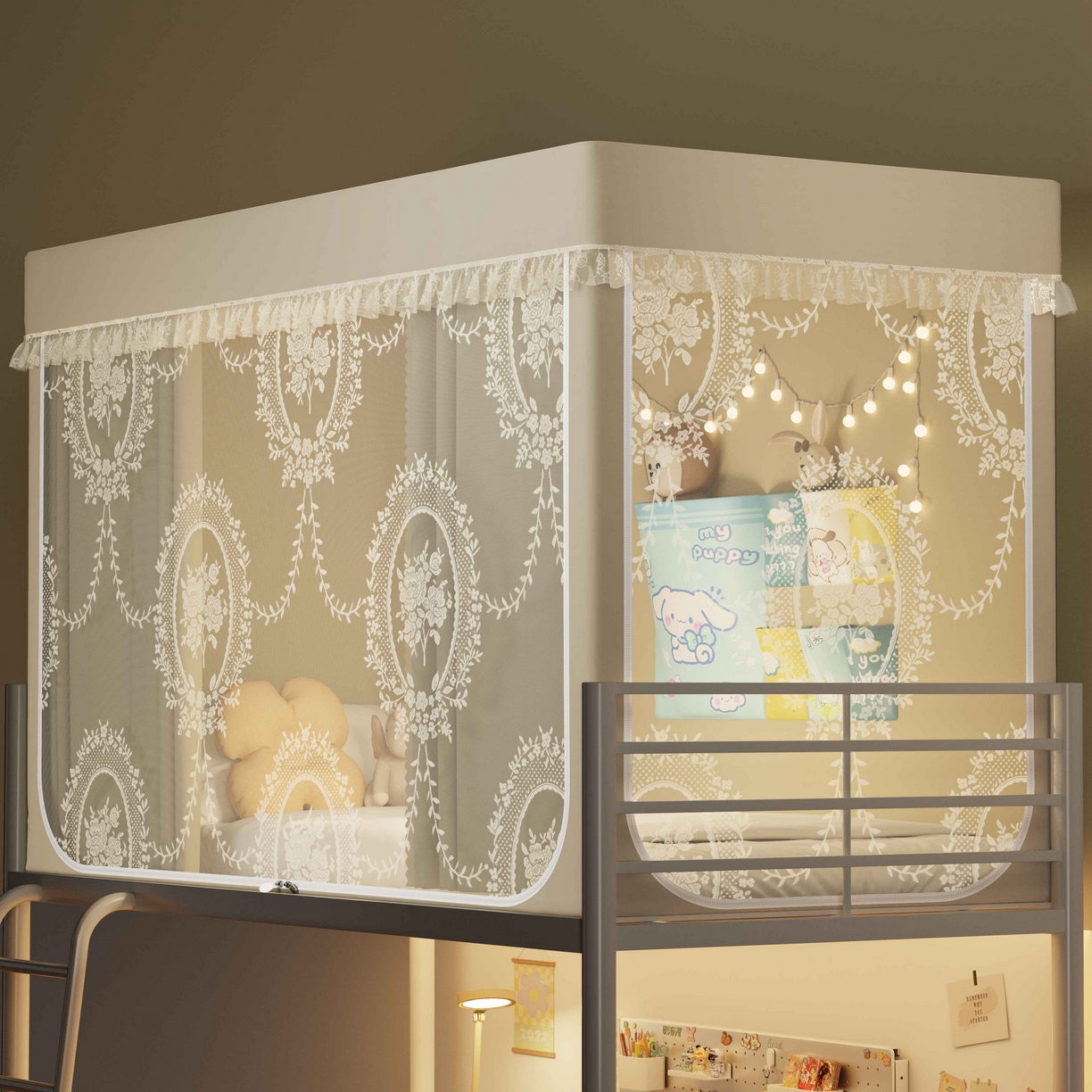 91家纺网 家纺一手货源 找家纺 都市缘蚊帐 2025新款公主风蚊帐学生宿舍一体式床帘全罩式强遮光布上下铺80 90cm 606-香槟-薇尔