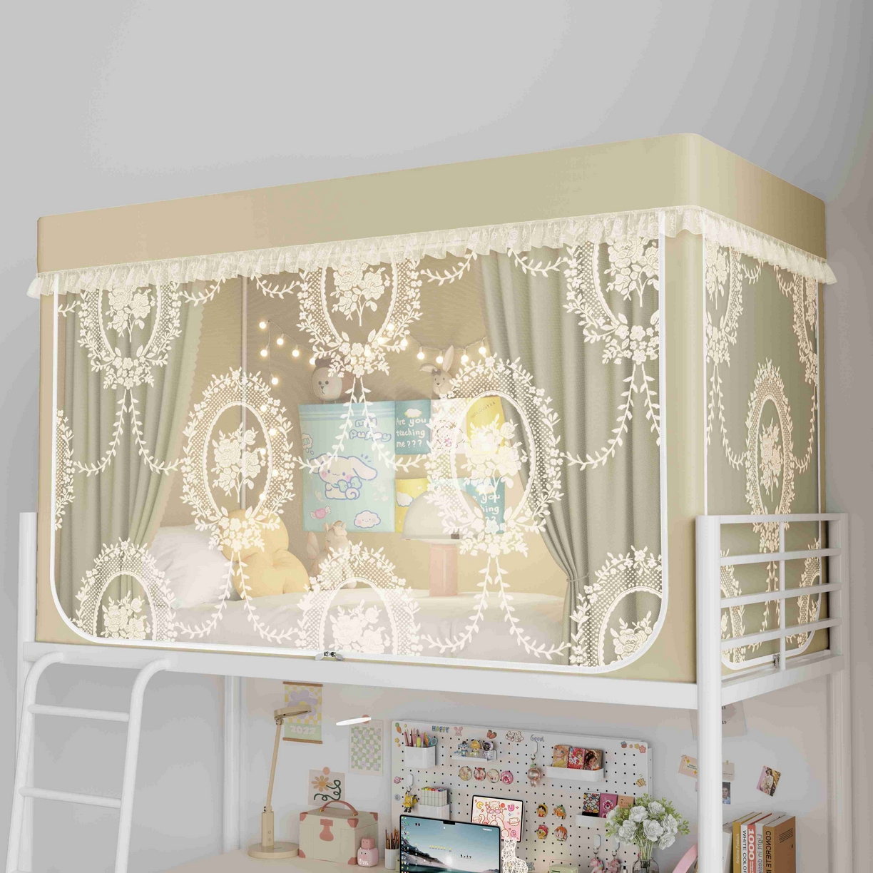 91家纺网 家纺一手货源 找家纺 都市缘蚊帐 2025新款公主风蚊帐学生宿舍一体式床帘全罩式强遮光布上下铺80 90cm 606-香槟-薇尔