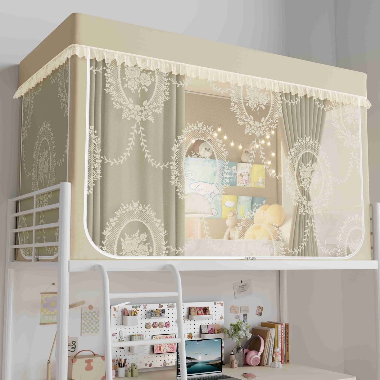 91家纺网 家纺一手货源 找家纺 都市缘蚊帐 2025新款公主风蚊帐学生宿舍一体式床帘全罩式强遮光布上下铺80 90cm 606-香槟-薇尔