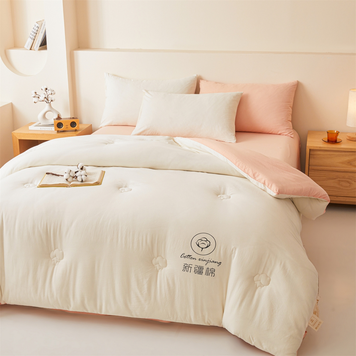 91家纺网 家纺一手货源 找家纺 晓时候 2025新款纯色无印风新疆棉花被冬被春秋被夏被四季被子被芯-常年有货（含买家秀） 白粉