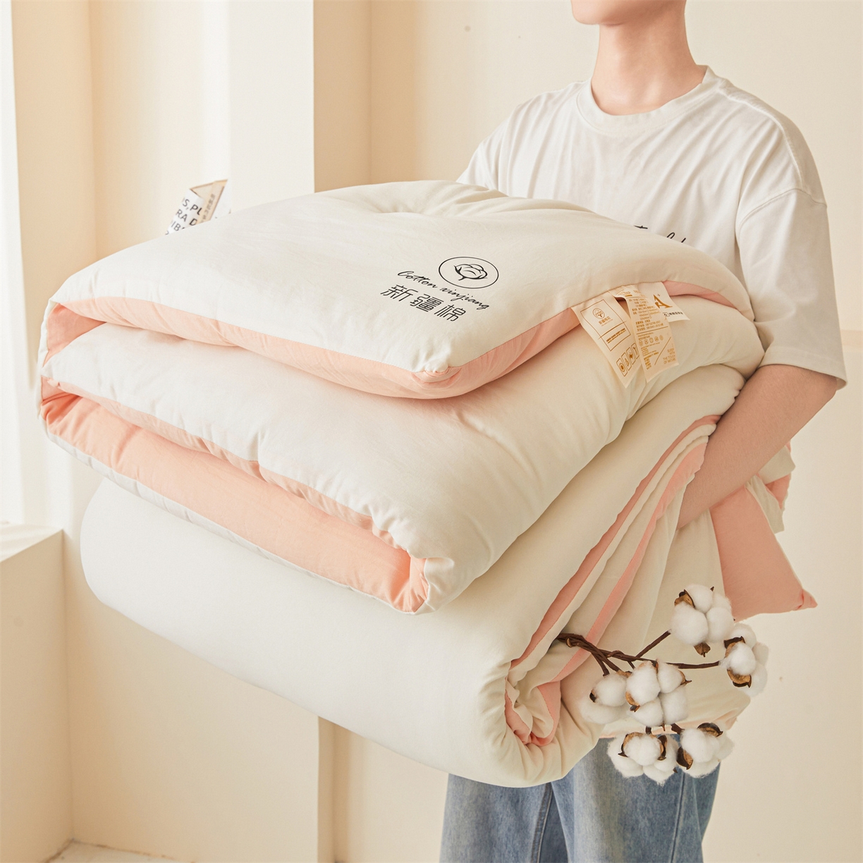 91家纺网 家纺一手货源 找家纺 晓时候 2025新款纯色无印风新疆棉花被冬被春秋被夏被四季被子被芯-常年有货（含买家秀） 白粉