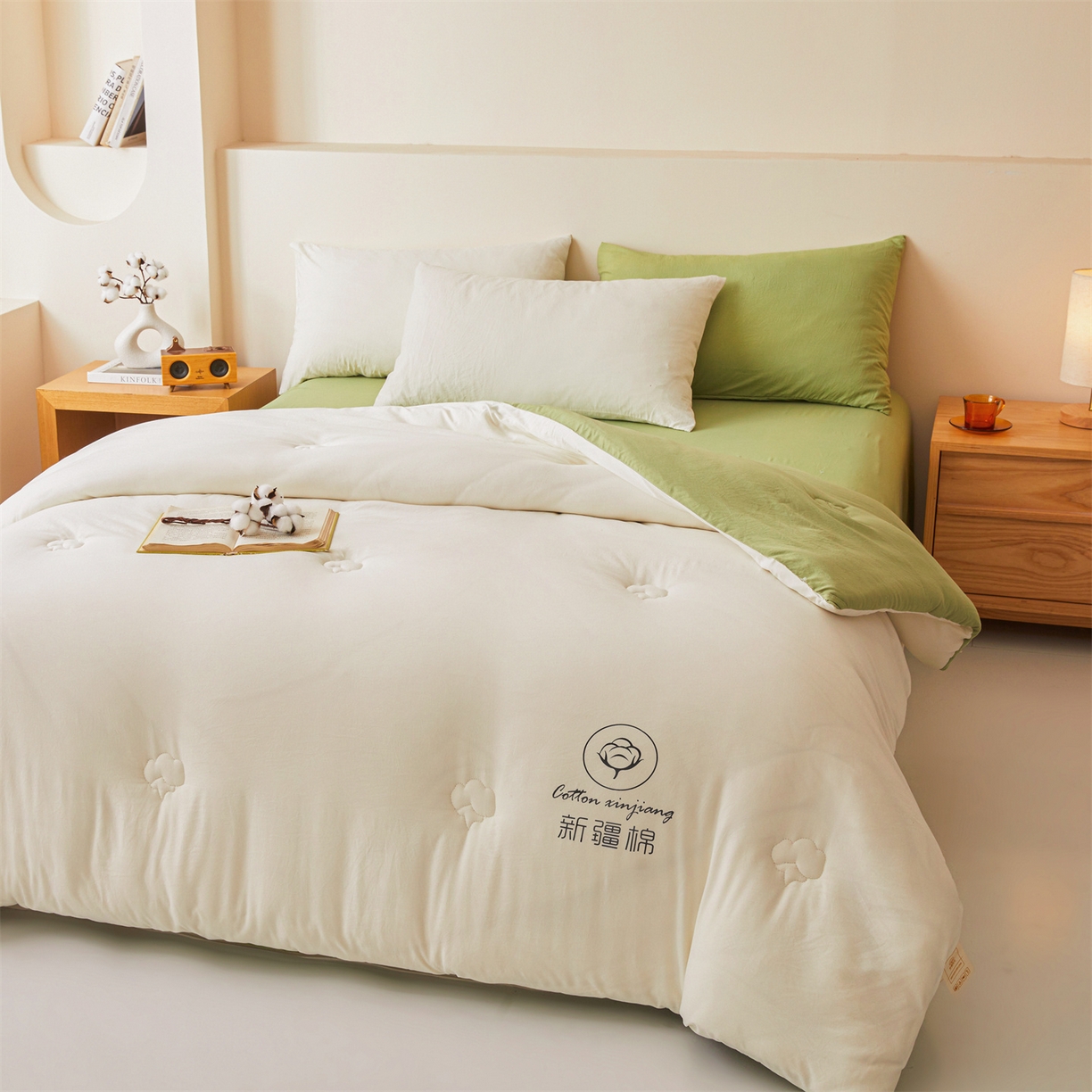 91家纺网 家纺一手货源 找家纺 晓时候 2025新款纯色无印风新疆棉花被冬被春秋被夏被四季被子被芯-常年有货（含买家秀） 白果绿
