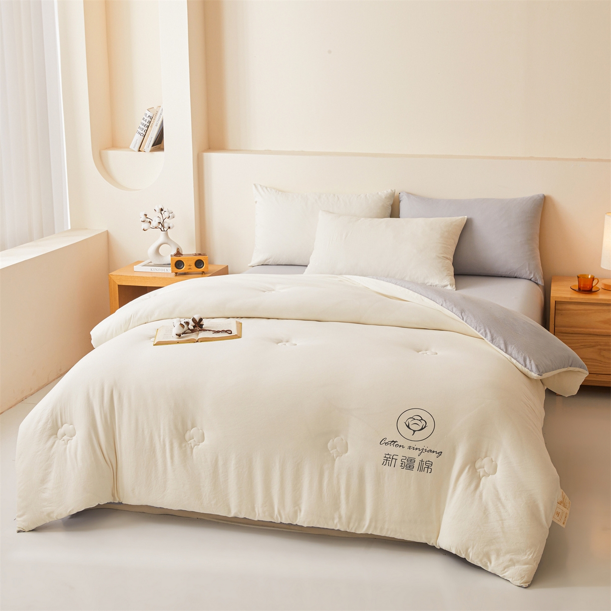 91家纺网 家纺一手货源 找家纺 晓时候 2025新款纯色无印风新疆棉花被冬被春秋被夏被四季被子被芯-常年有货（含买家秀） 白灰
