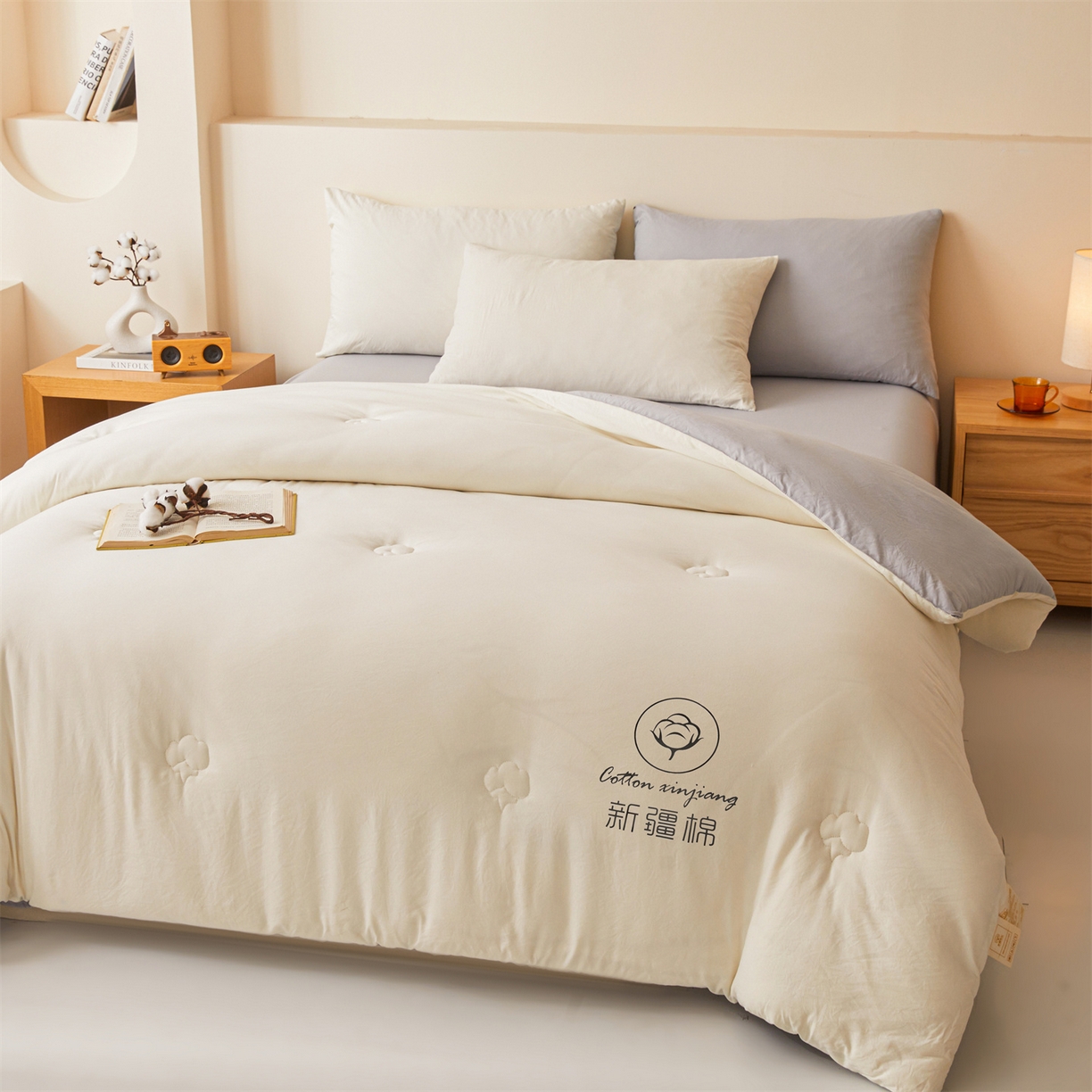 91家纺网 家纺一手货源 找家纺 晓时候 2025新款纯色无印风新疆棉花被冬被春秋被夏被四季被子被芯-常年有货（含买家秀） 白灰