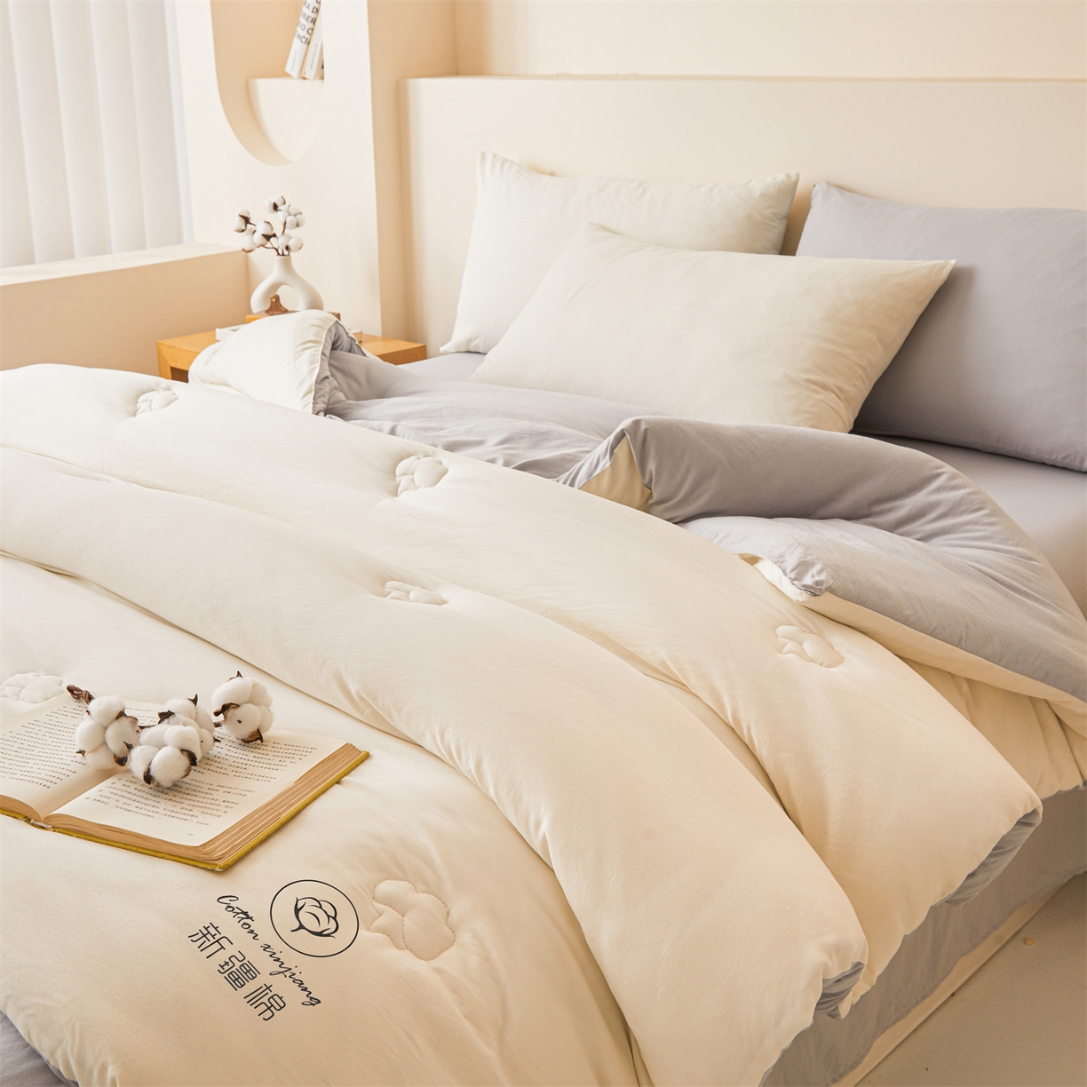 91家纺网 家纺一手货源 找家纺 晓时候 2025新款纯色无印风新疆棉花被冬被春秋被夏被四季被子被芯-常年有货（含买家秀） 白灰