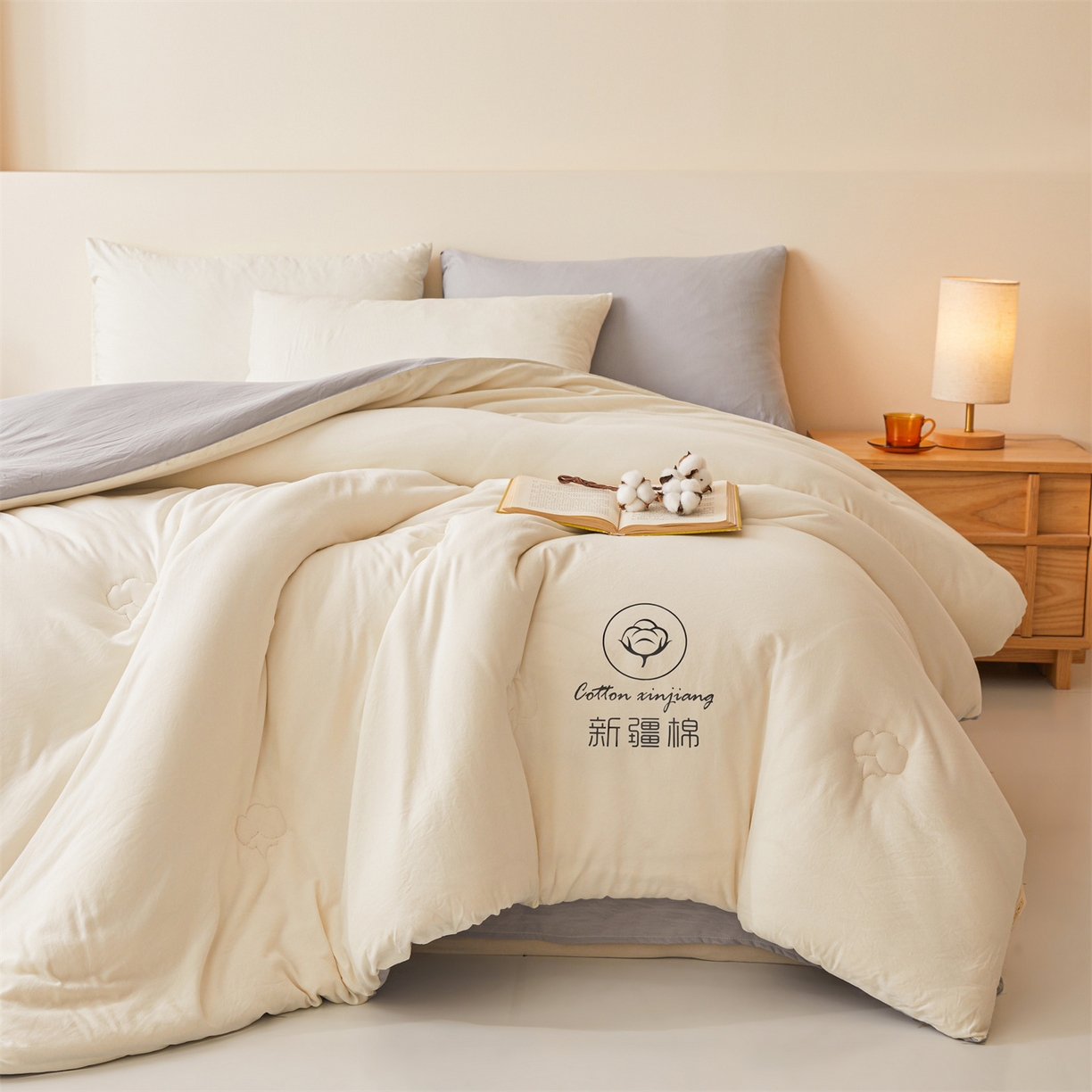 91家纺网 家纺一手货源 找家纺 晓时候 2025新款纯色无印风新疆棉花被冬被春秋被夏被四季被子被芯-常年有货（含买家秀） 白灰
