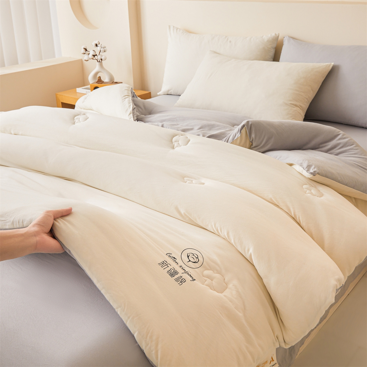 91家纺网 家纺一手货源 找家纺 晓时候 2025新款纯色无印风新疆棉花被冬被春秋被夏被四季被子被芯-常年有货（含买家秀） 白灰