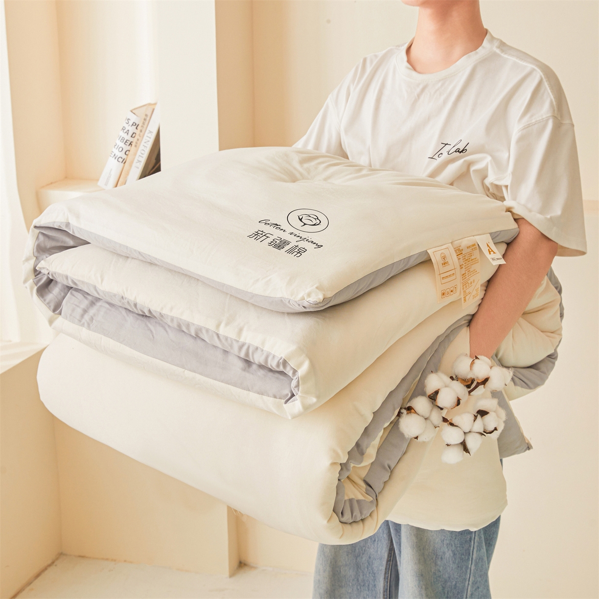 91家纺网 家纺一手货源 找家纺 晓时候 2025新款纯色无印风新疆棉花被冬被春秋被夏被四季被子被芯-常年有货（含买家秀） 白灰
