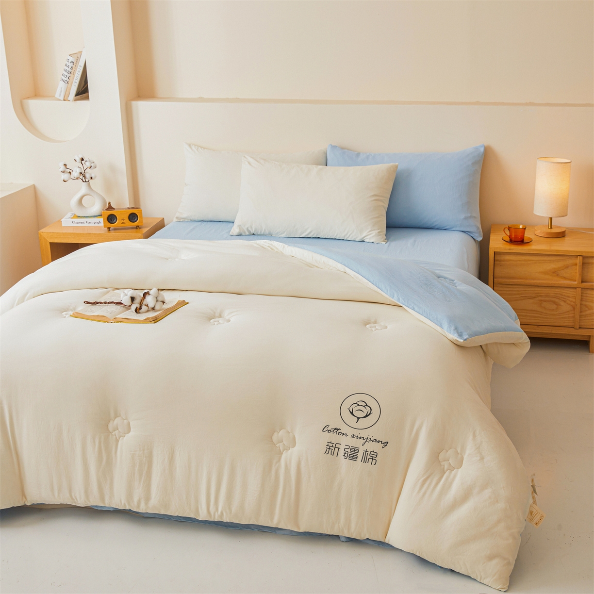 91家纺网 家纺一手货源 找家纺 晓时候 2025新款纯色无印风新疆棉花被冬被春秋被夏被四季被子被芯-常年有货（含买家秀） 白蓝