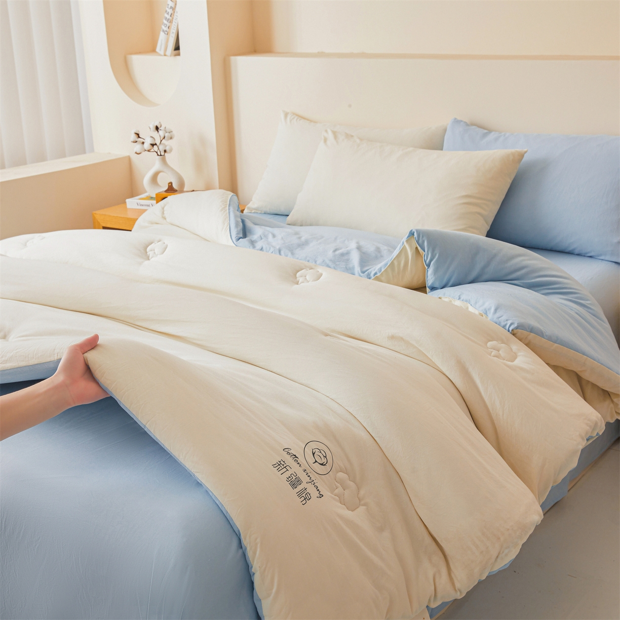 91家纺网 家纺一手货源 找家纺 晓时候 2025新款纯色无印风新疆棉花被冬被春秋被夏被四季被子被芯-常年有货（含买家秀） 白蓝