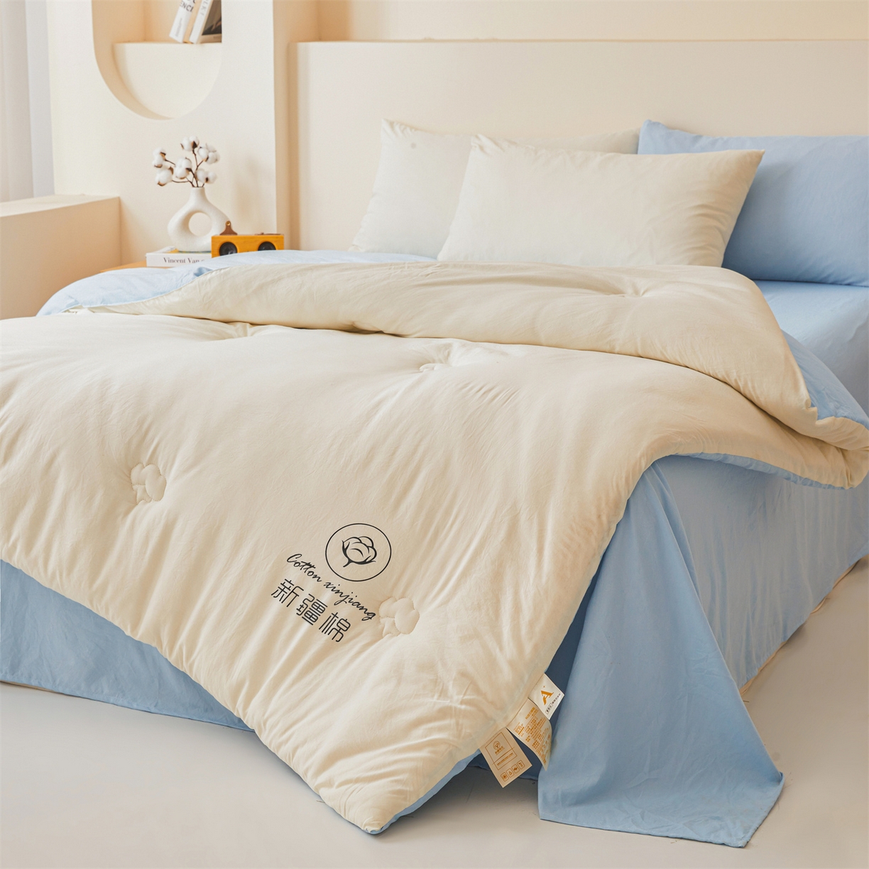 91家纺网 家纺一手货源 找家纺 晓时候 2025新款纯色无印风新疆棉花被冬被春秋被夏被四季被子被芯-常年有货（含买家秀） 白蓝