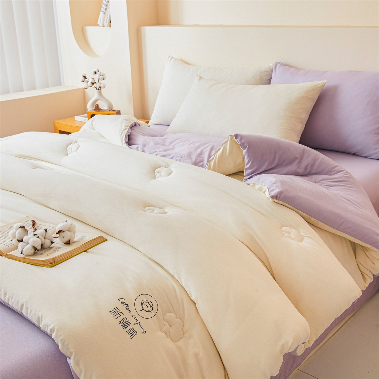 91家纺网 家纺一手货源 找家纺 晓时候 2025新款纯色无印风新疆棉花被冬被春秋被夏被四季被子被芯-常年有货（含买家秀） 白紫