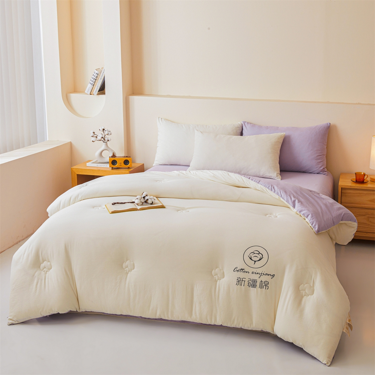 91家纺网 家纺一手货源 找家纺 晓时候 2025新款纯色无印风新疆棉花被冬被春秋被夏被四季被子被芯-常年有货（含买家秀） 白紫