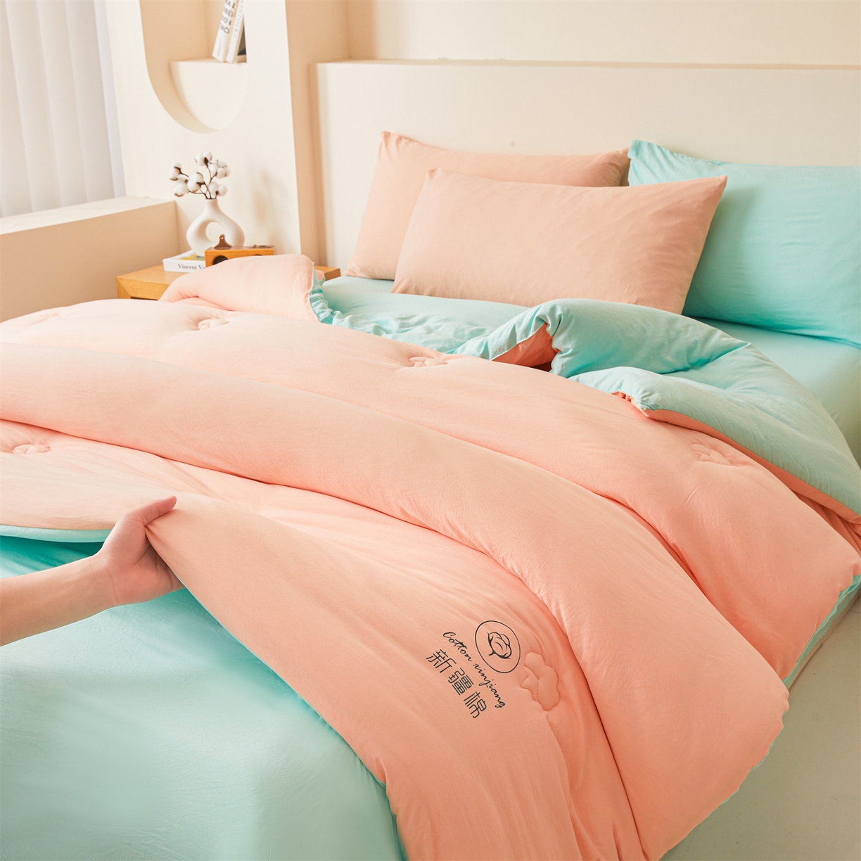 91家纺网 家纺一手货源 找家纺 晓时候 2025新款纯色无印风新疆棉花被冬被春秋被夏被四季被子被芯-常年有货（含买家秀） 粉绿