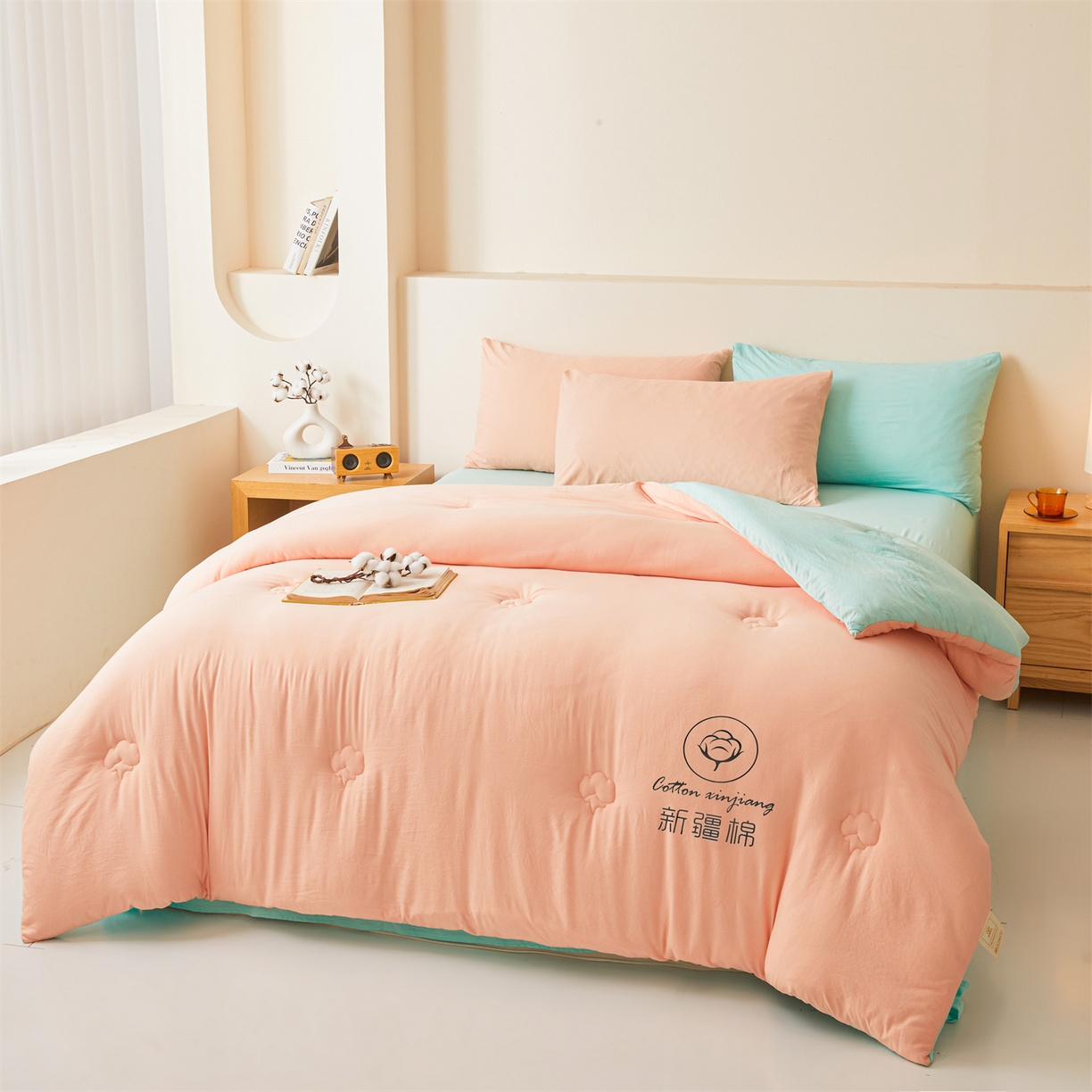 91家纺网 家纺一手货源 找家纺 晓时候 2025新款纯色无印风新疆棉花被冬被春秋被夏被四季被子被芯-常年有货（含买家秀） 粉绿