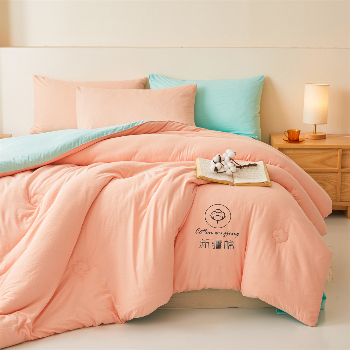 91家纺网 家纺一手货源 找家纺 晓时候 2025新款纯色无印风新疆棉花被冬被春秋被夏被四季被子被芯-常年有货（含买家秀） 粉绿
