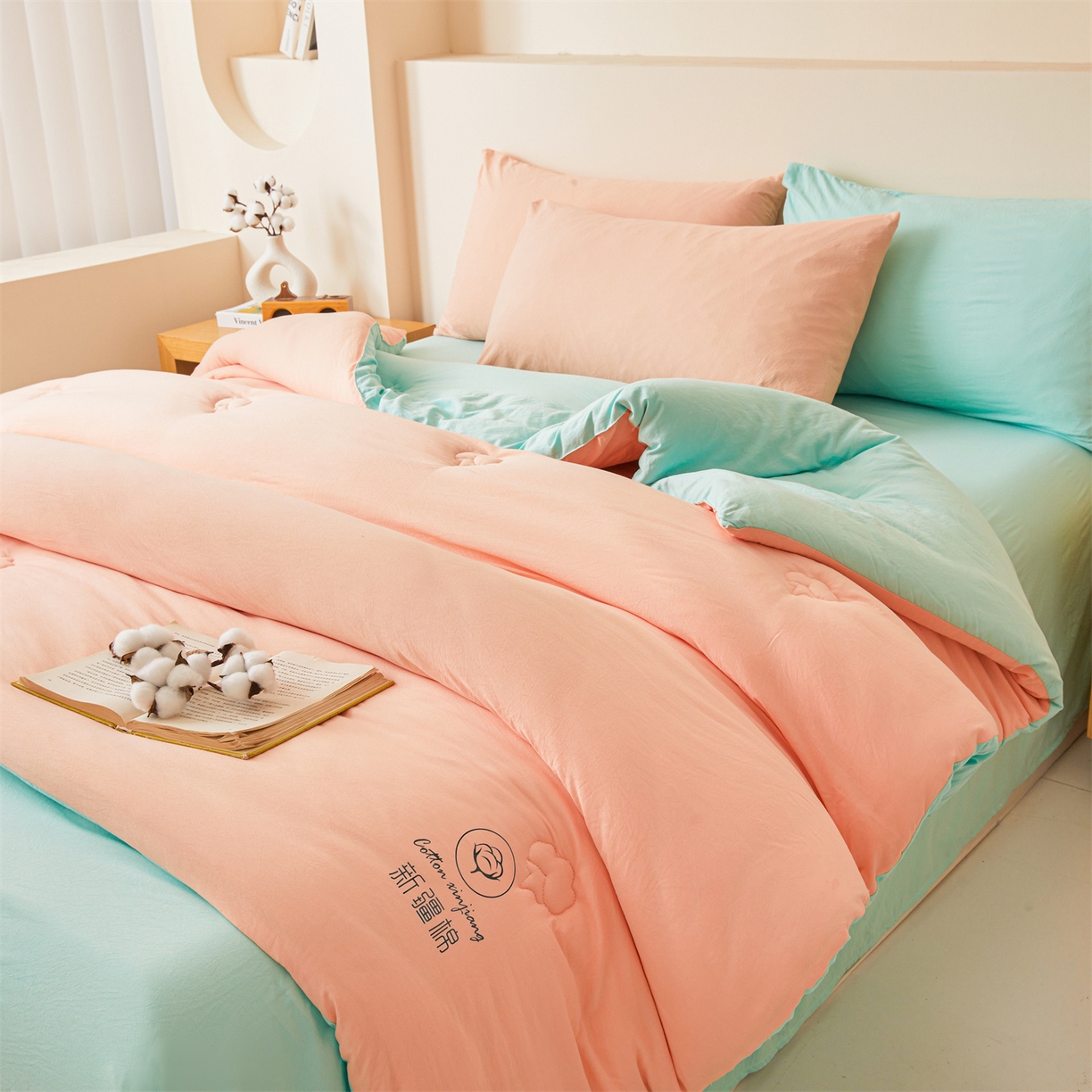91家纺网 家纺一手货源 找家纺 晓时候 2025新款纯色无印风新疆棉花被冬被春秋被夏被四季被子被芯-常年有货（含买家秀） 粉绿