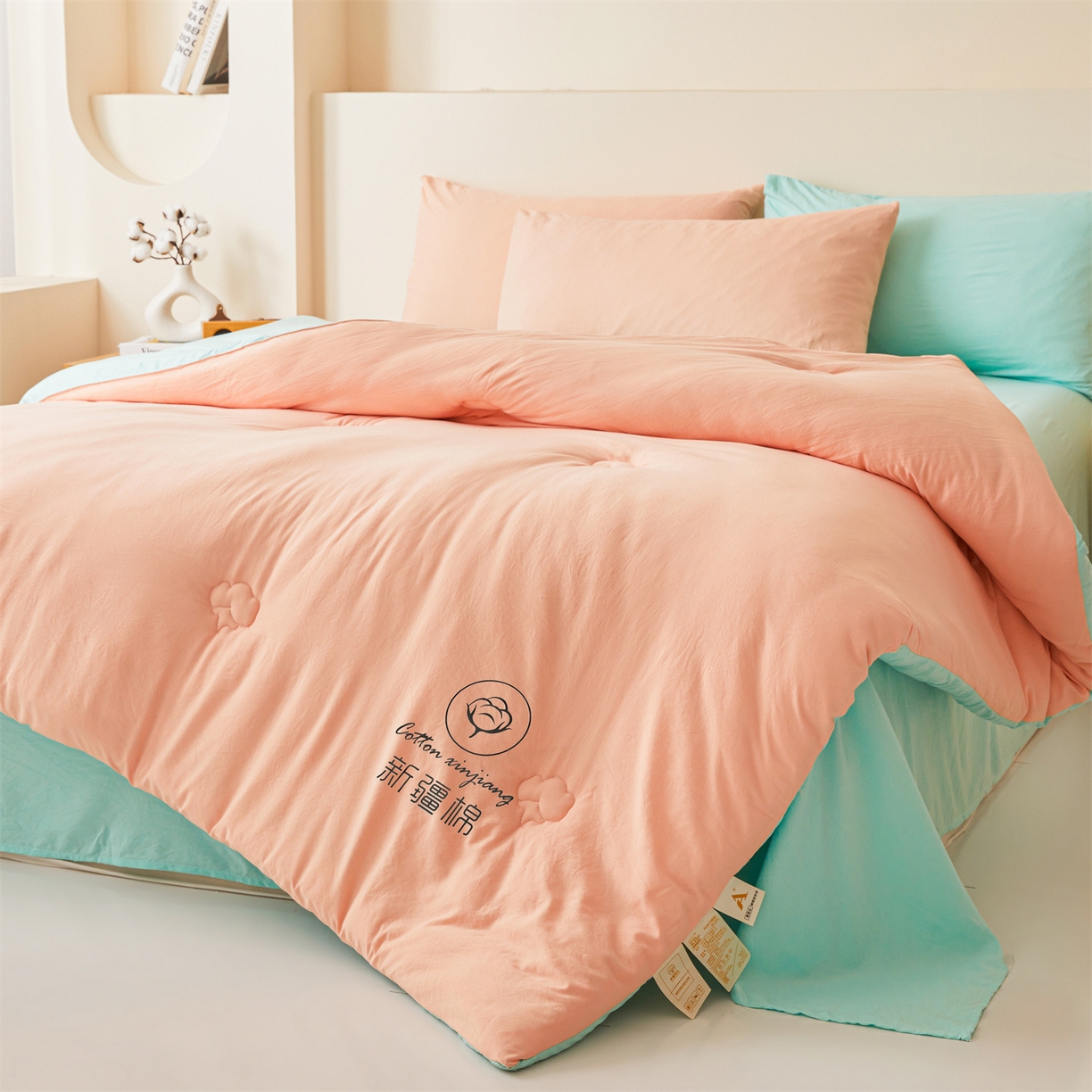 91家纺网 家纺一手货源 找家纺 晓时候 2025新款纯色无印风新疆棉花被冬被春秋被夏被四季被子被芯-常年有货（含买家秀） 粉绿