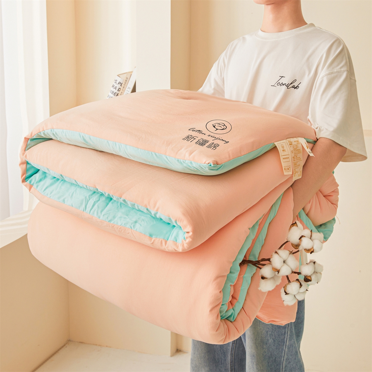 91家纺网 家纺一手货源 找家纺 晓时候 2025新款纯色无印风新疆棉花被冬被春秋被夏被四季被子被芯-常年有货（含买家秀） 粉绿