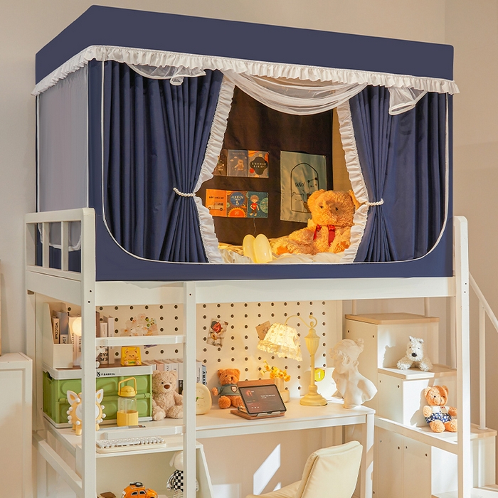 91家纺网 家纺一手货源 找家纺 安金蚊帐 2025新款防蚊遮光一体99%强遮光宿舍上下铺遮光学生蚊帐纯色花边 藏青