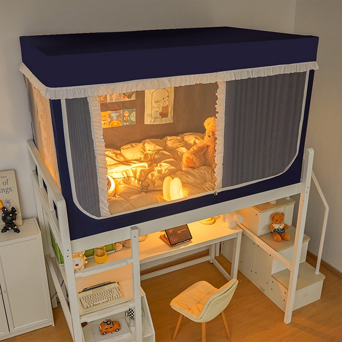 91家纺网 家纺一手货源 找家纺 安金蚊帐 2025新款防蚊遮光一体99%强遮光宿舍上下铺遮光学生蚊帐纯色花边 藏青