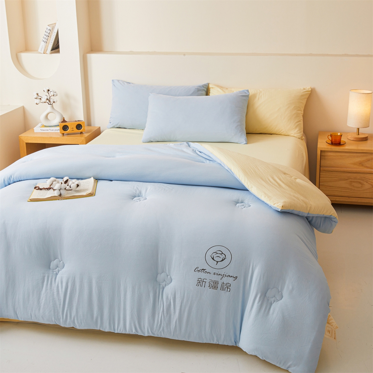 91家纺网 家纺一手货源 找家纺 晓时候 2025新款纯色无印风新疆棉花被冬被春秋被夏被四季被子被芯-常年有货（含买家秀） 蓝黄