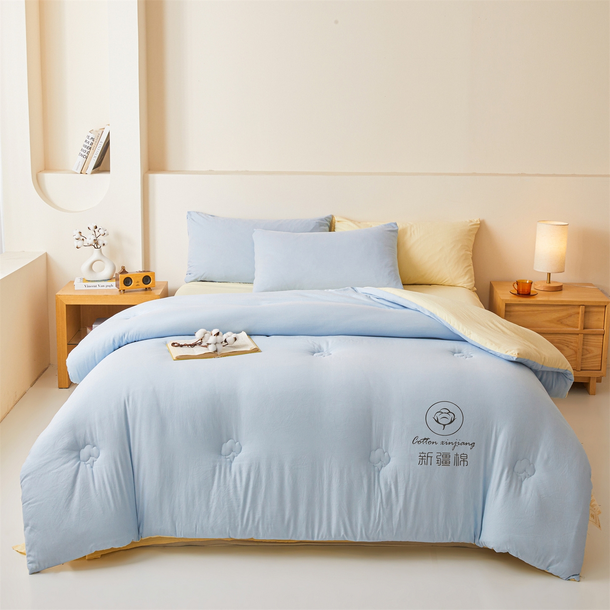 91家纺网 家纺一手货源 找家纺 晓时候 2025新款纯色无印风新疆棉花被冬被春秋被夏被四季被子被芯-常年有货（含买家秀） 蓝黄