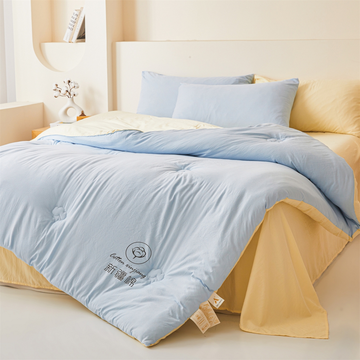 91家纺网 家纺一手货源 找家纺 晓时候 2025新款纯色无印风新疆棉花被冬被春秋被夏被四季被子被芯-常年有货（含买家秀） 蓝黄