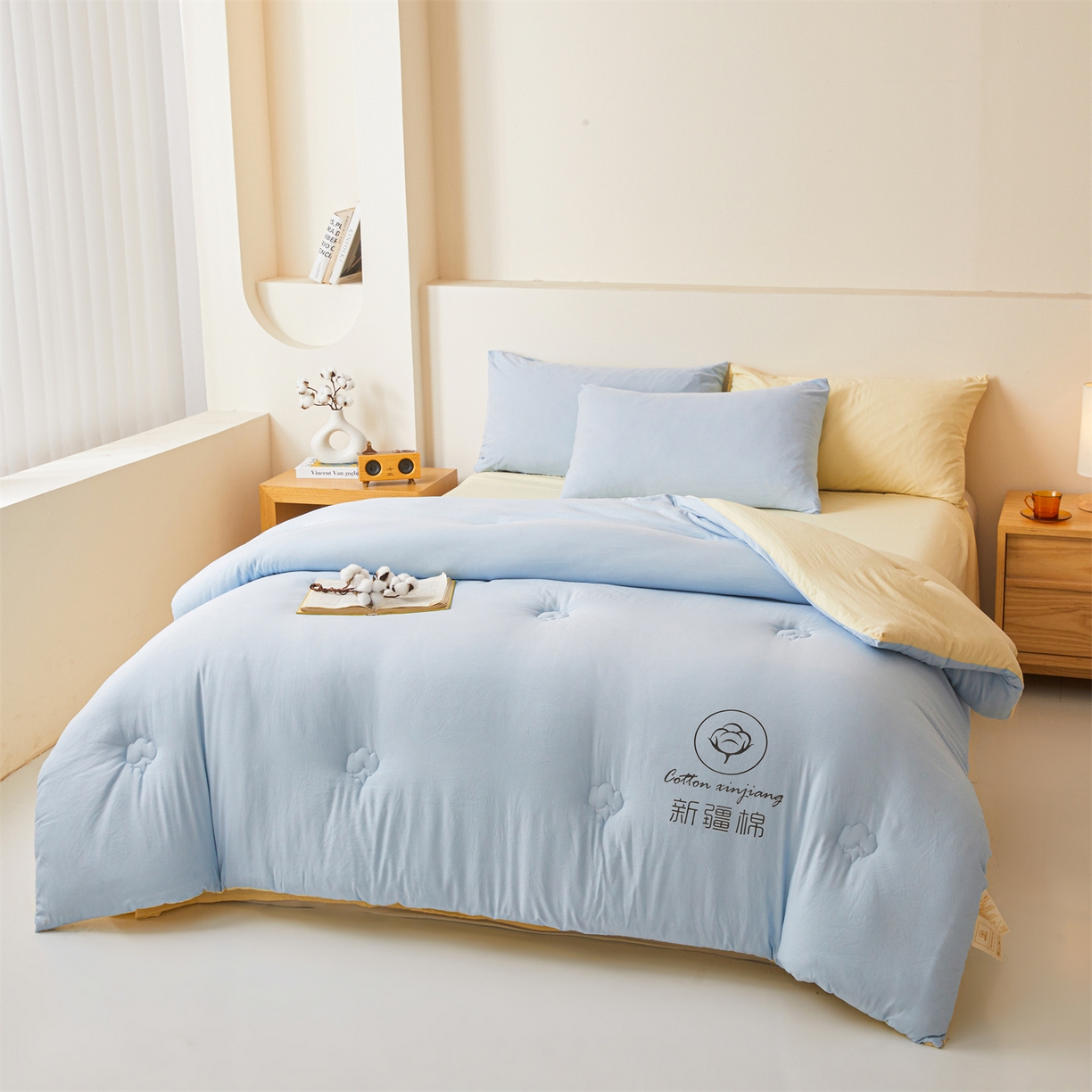 91家纺网 家纺一手货源 找家纺 晓时候 2025新款纯色无印风新疆棉花被冬被春秋被夏被四季被子被芯-常年有货（含买家秀） 蓝黄