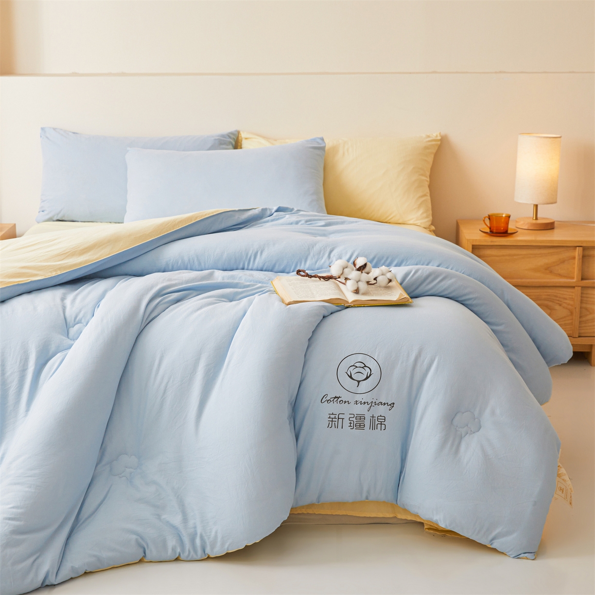 91家纺网 家纺一手货源 找家纺 晓时候 2025新款纯色无印风新疆棉花被冬被春秋被夏被四季被子被芯-常年有货（含买家秀） 蓝黄