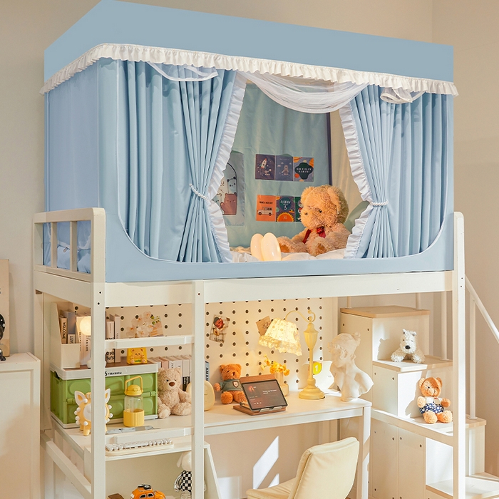 91家纺网 家纺一手货源 找家纺 安金蚊帐 2025新款防蚊遮光一体99%强遮光宿舍上下铺遮光学生蚊帐纯色花边 奶蓝