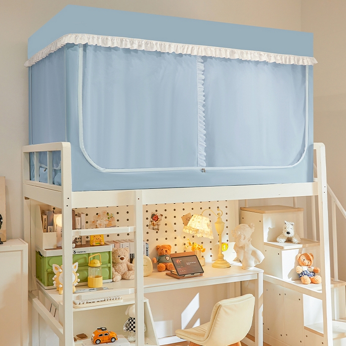 91家纺网 家纺一手货源 找家纺 安金蚊帐 2025新款防蚊遮光一体99%强遮光宿舍上下铺遮光学生蚊帐纯色花边 奶蓝