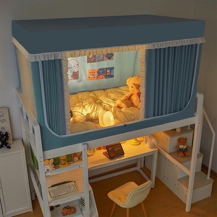 91家纺网 家纺一手货源 找家纺 安金蚊帐 2025新款防蚊遮光一体99%强遮光宿舍上下铺遮光学生蚊帐纯色花边 奶蓝