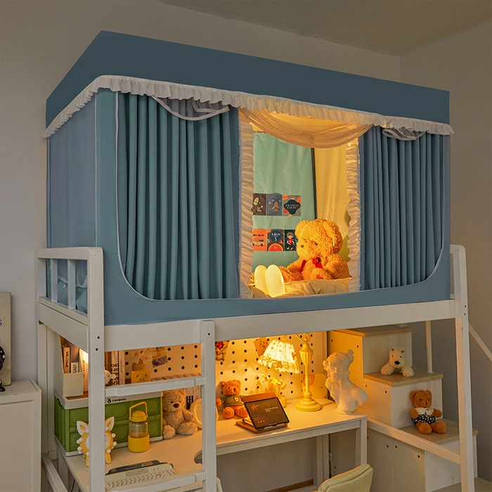 91家纺网 家纺一手货源 找家纺 安金蚊帐 2025新款防蚊遮光一体99%强遮光宿舍上下铺遮光学生蚊帐纯色花边 奶蓝