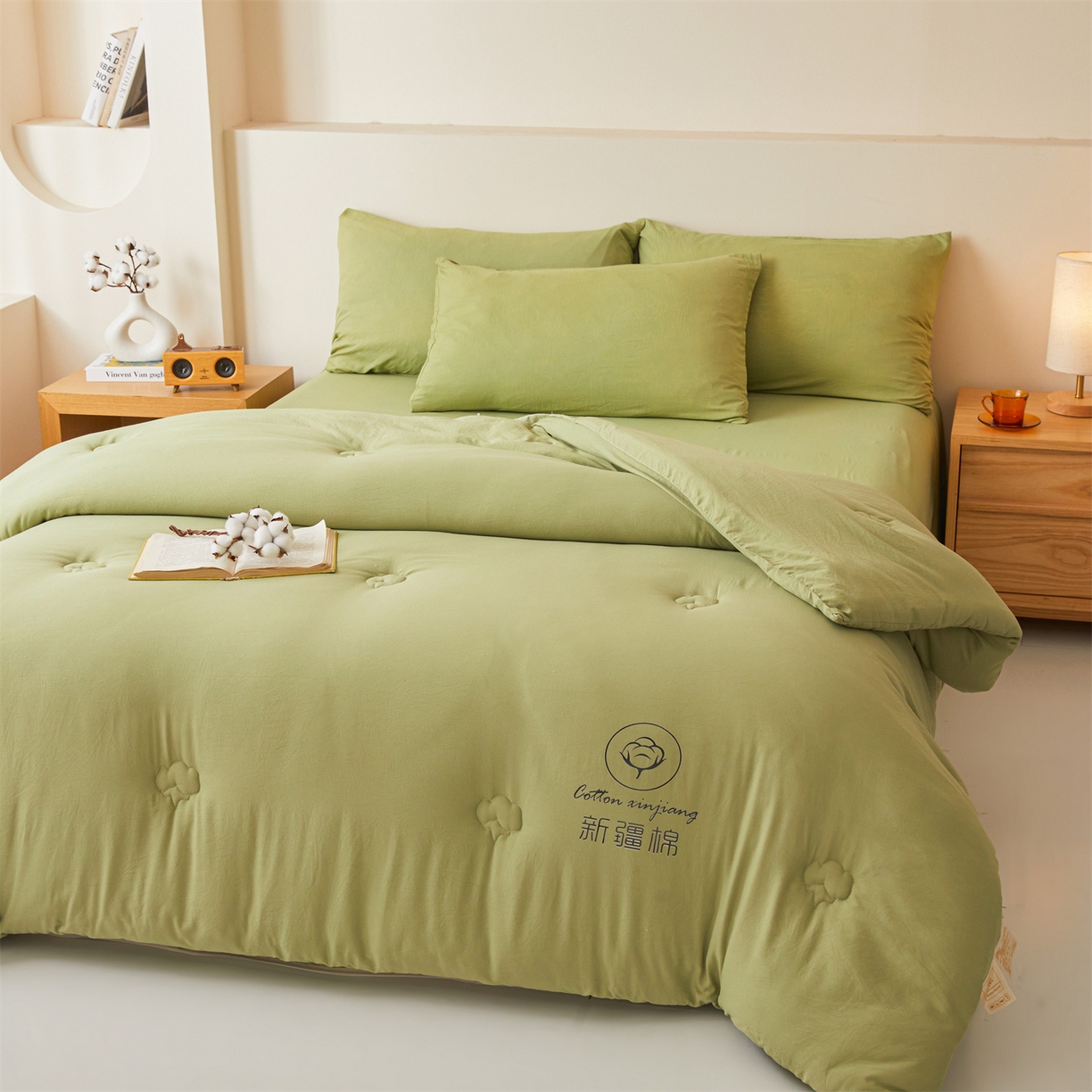 91家纺网 家纺一手货源 找家纺 晓时候 2025新款纯色无印风新疆棉花被冬被春秋被夏被四季被子被芯-常年有货（含买家秀） 抹茶绿