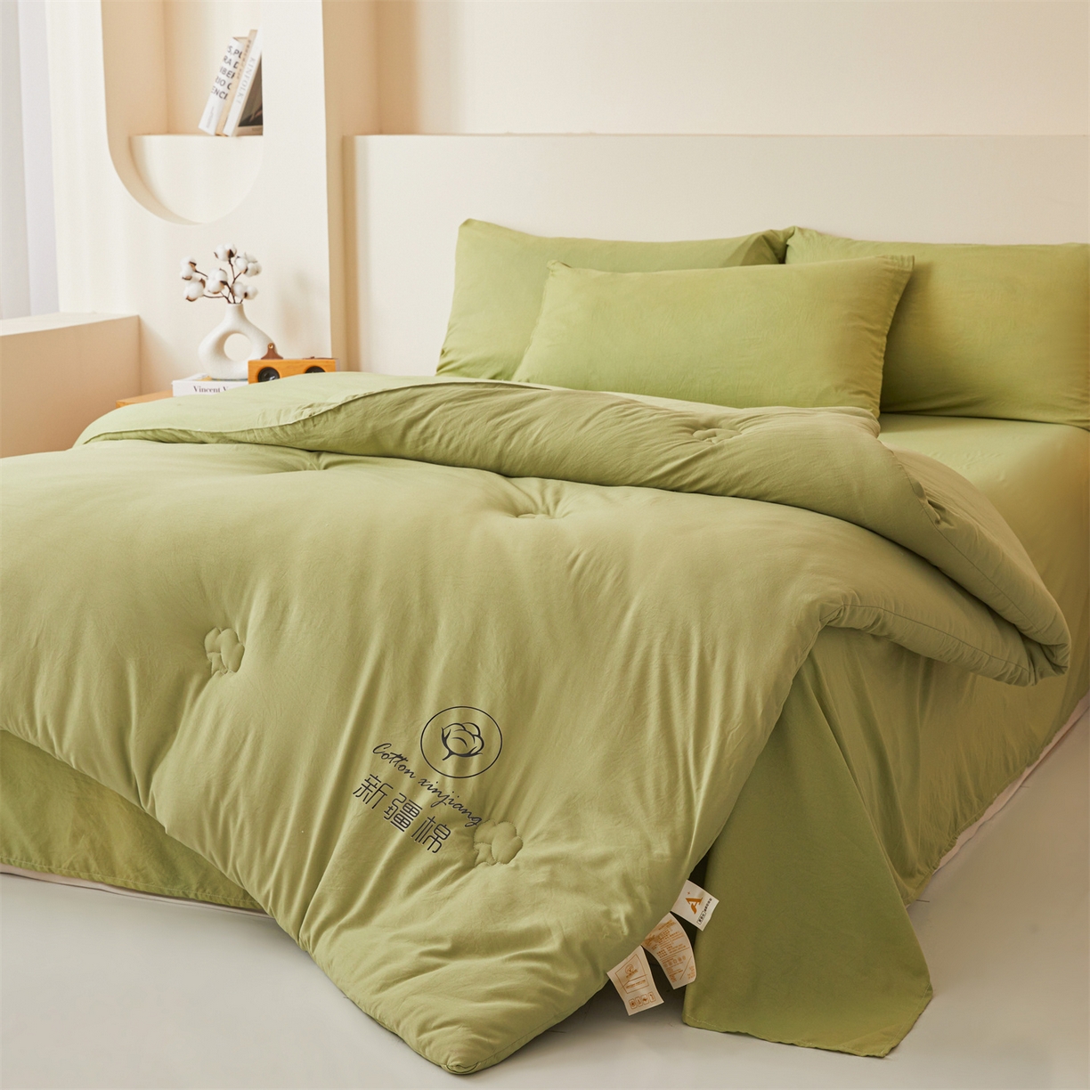 91家纺网 家纺一手货源 找家纺 晓时候 2025新款纯色无印风新疆棉花被冬被春秋被夏被四季被子被芯-常年有货（含买家秀） 抹茶绿