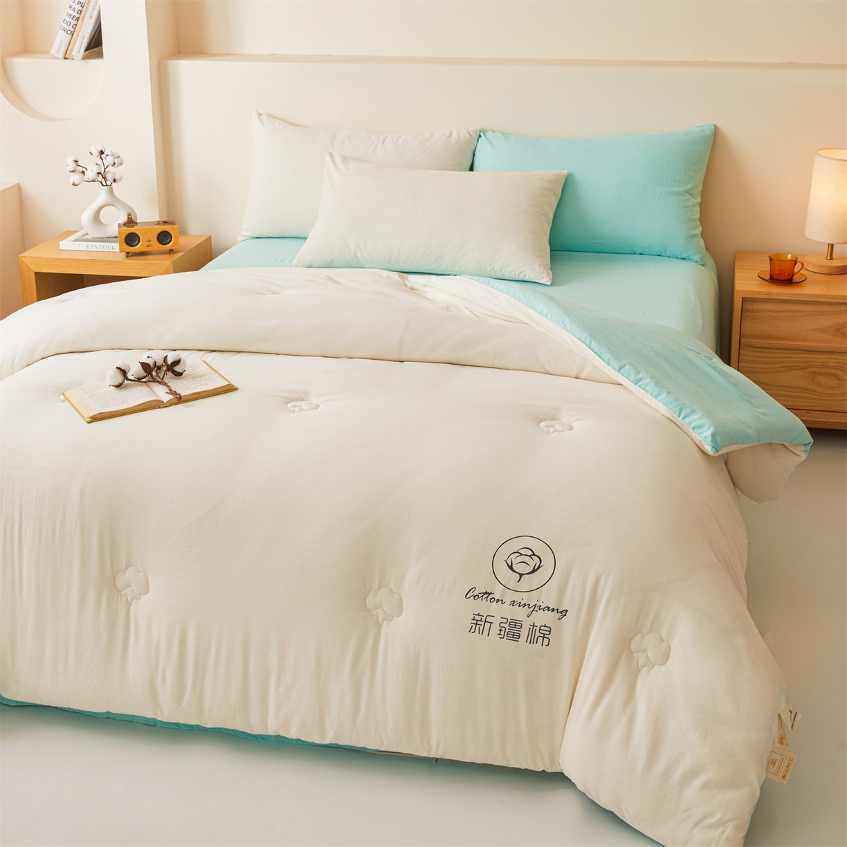 91家纺网 家纺一手货源 找家纺 晓时候 2025新款纯色无印风新疆棉花被冬被春秋被夏被四季被子被芯-常年有货（含买家秀） 奶白绿
