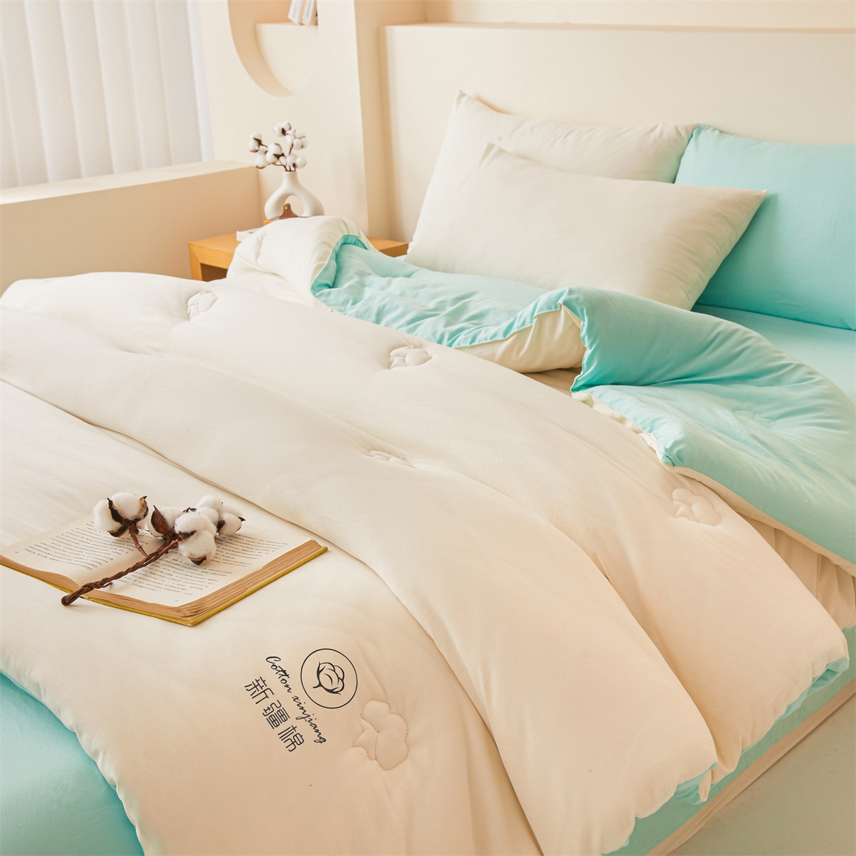 91家纺网 家纺一手货源 找家纺 晓时候 2025新款纯色无印风新疆棉花被冬被春秋被夏被四季被子被芯-常年有货（含买家秀） 奶白绿