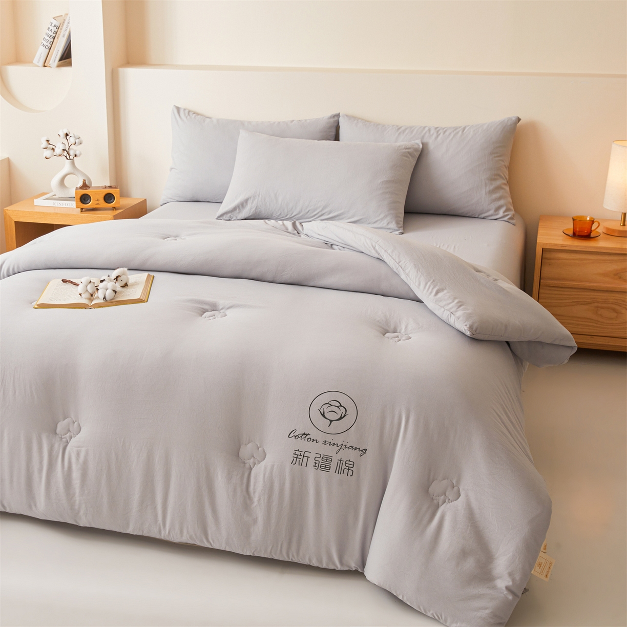 91家纺网 家纺一手货源 找家纺 晓时候 2025新款纯色无印风新疆棉花被冬被春秋被夏被四季被子被芯-常年有货（含买家秀） 浅灰