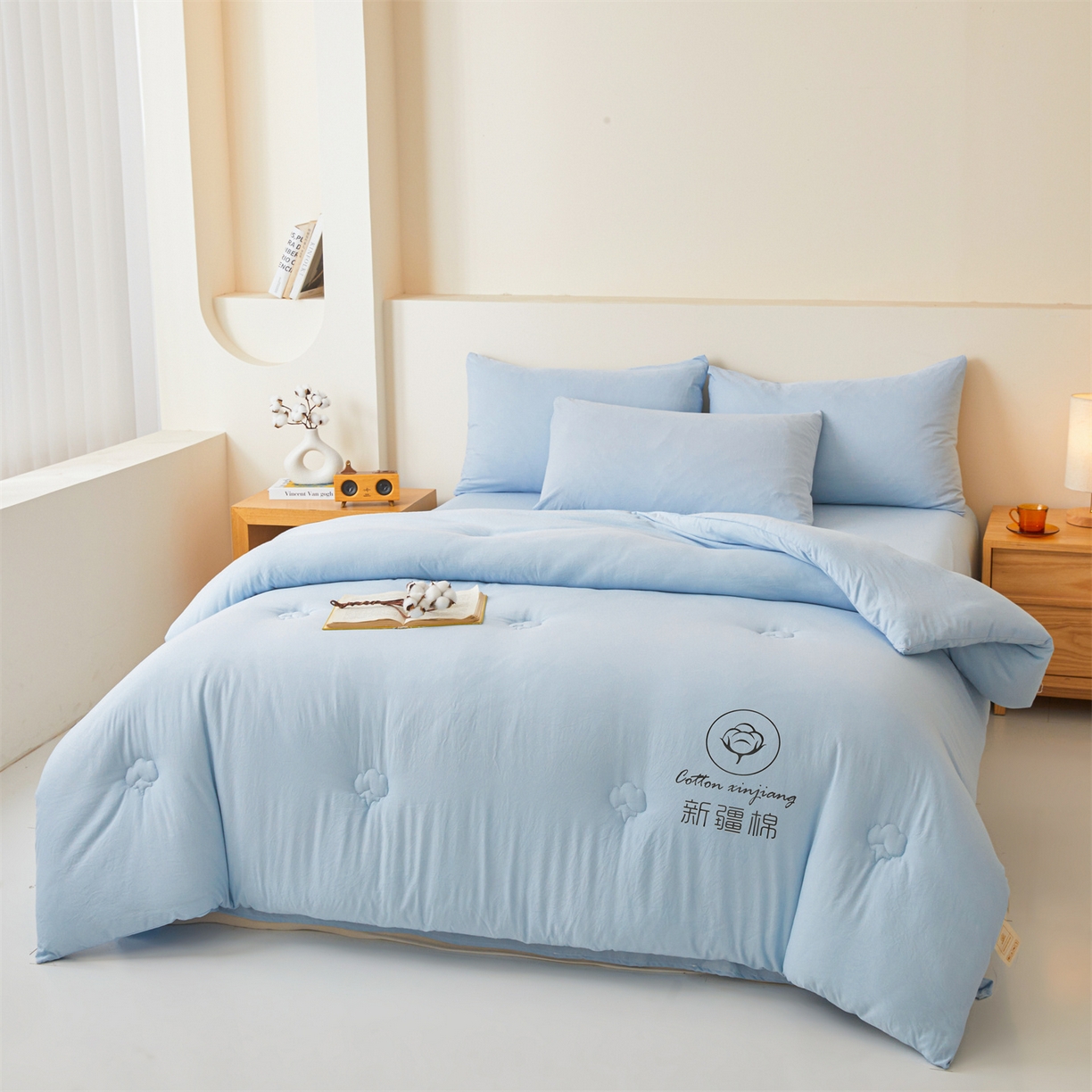 91家纺网 家纺一手货源 找家纺 晓时候 2025新款纯色无印风新疆棉花被冬被春秋被夏被四季被子被芯-常年有货（含买家秀） 天蓝