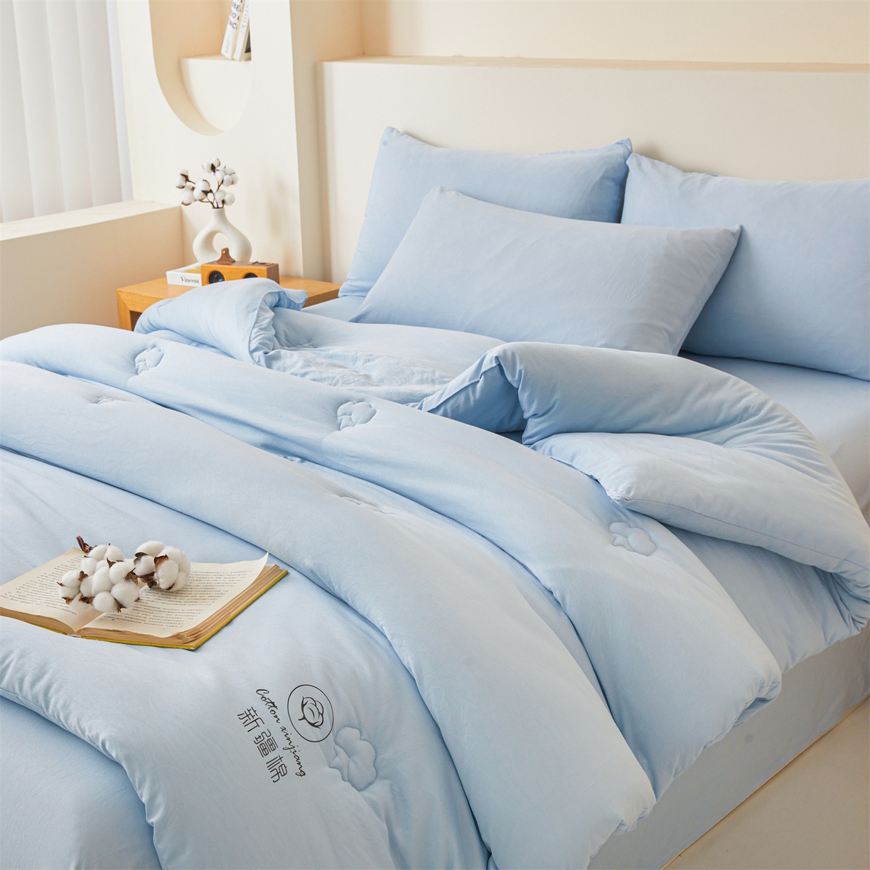 91家纺网 家纺一手货源 找家纺 晓时候 2025新款纯色无印风新疆棉花被冬被春秋被夏被四季被子被芯-常年有货（含买家秀） 天蓝