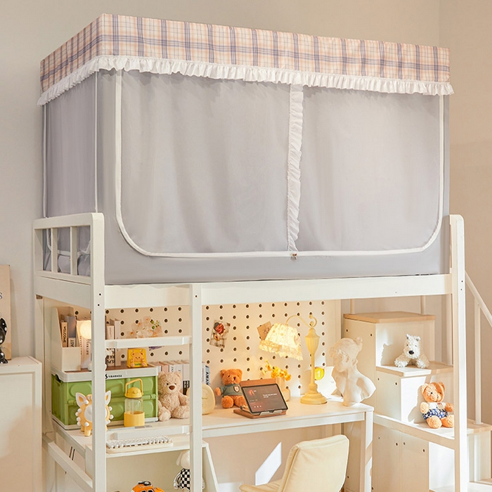 91家纺网 家纺一手货源 找家纺 安金蚊帐 2025新款防蚊遮光一体99%强遮光宿舍上下铺遮光学生蚊帐格子花边 小香条格-灰