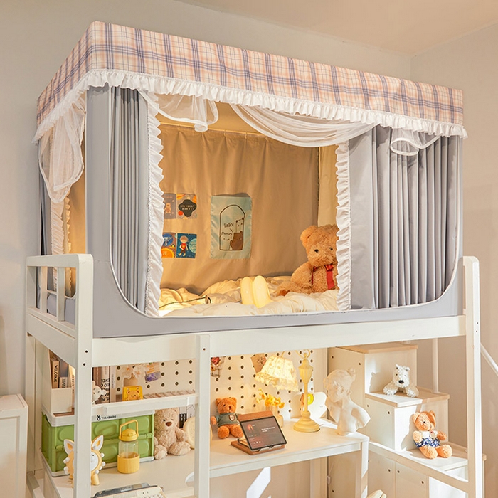 91家纺网 家纺一手货源 找家纺 安金蚊帐 2025新款防蚊遮光一体99%强遮光宿舍上下铺遮光学生蚊帐格子花边 小香条格-灰