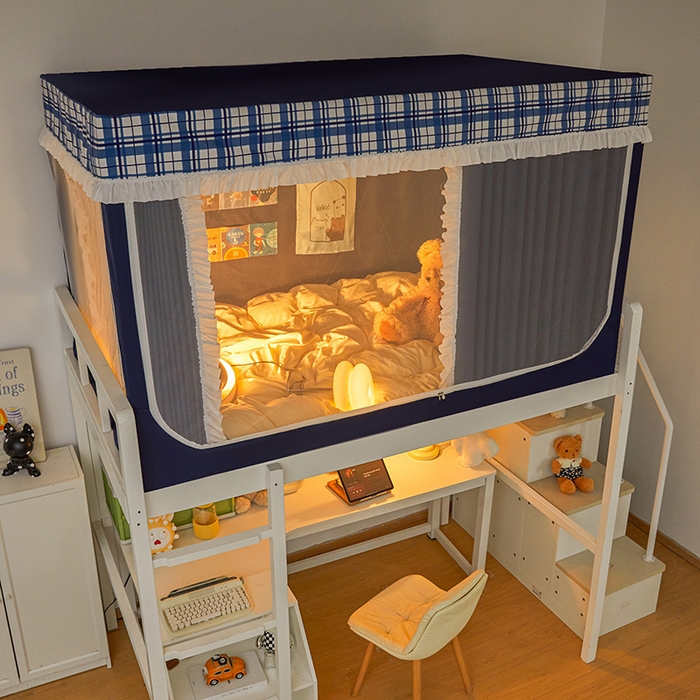 91家纺网 家纺一手货源 找家纺 安金蚊帐 2025新款防蚊遮光一体99%强遮光宿舍上下铺遮光学生蚊帐格子花边 小香条格-藏蓝