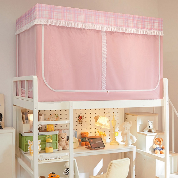 91家纺网 家纺一手货源 找家纺 安金蚊帐 2025新款防蚊遮光一体99%强遮光宿舍上下铺遮光学生蚊帐格子花边 小香条格-粉