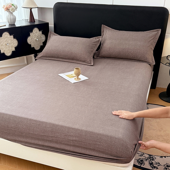 91家纺网 家纺一手货源 找家纺 梦舒羽 2025新款原麻床笠机洗家用防滑透气四季款床罩床垫床单保护套 慕斯咖