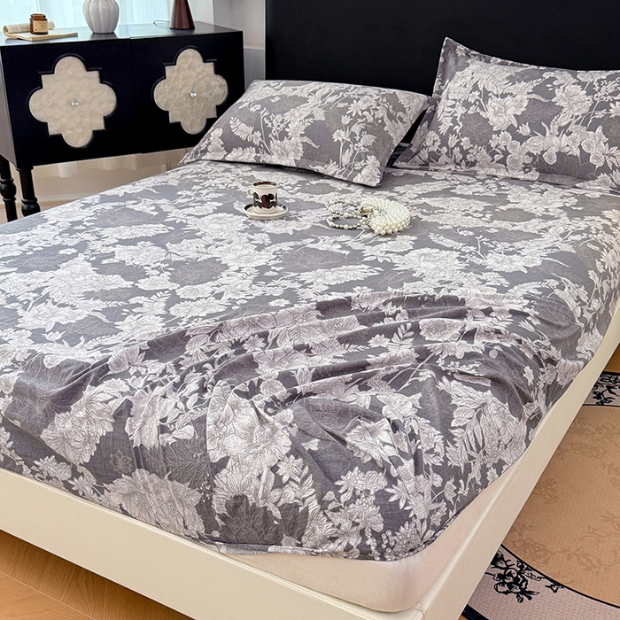 91家纺网 家纺一手货源 找家纺 梦舒羽 2025新款原麻床笠机洗家用防滑透气四季款床罩床垫床单保护套 浮绘花影-白
