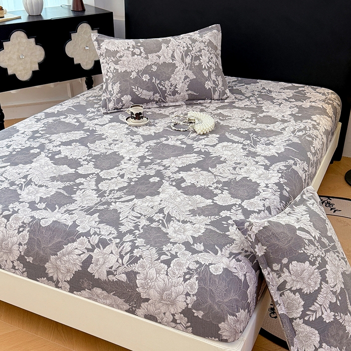 91家纺网 家纺一手货源 找家纺 梦舒羽 2025新款原麻床笠机洗家用防滑透气四季款床罩床垫床单保护套 浮绘花影-白