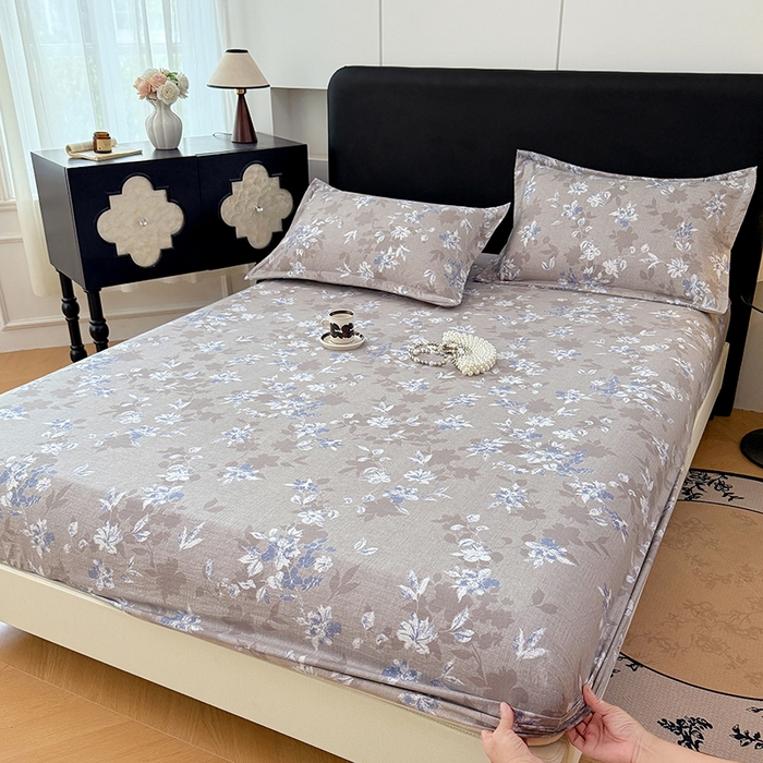 梦舒羽 2025新款原麻床笠机洗家用防滑透气四季款床罩床垫床单保护套 漫步花丛-蓝